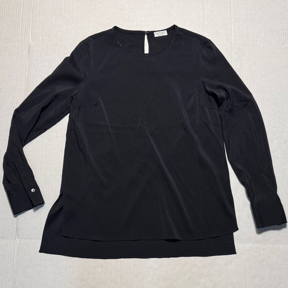 BRUNELLO CUCINELLI Women's Embellished Blouse Crewneck Long Sleeve Silk Blend SM